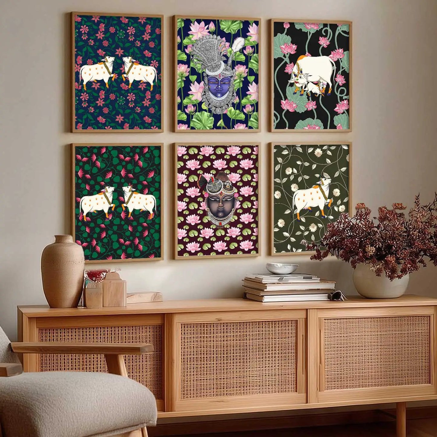 Traditional Indian Inspired Pichawai Art Prints with Frame for Living Room Bedroom Home and Office Wall Decor Set of 6 by Kotart store