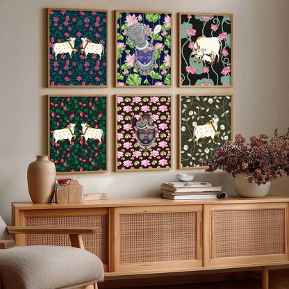 Traditional Indian Inspired Pichawai Art Prints with Frame for Living Room Bedroom Home and Office Wall Decor Set of 6 by Kotart store