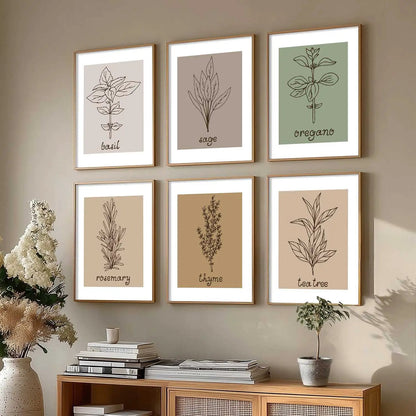 Kitchen Herbs Framed Posters for Restaurant Kitchen Dinning Room Cafe Wall Decor Set of 6