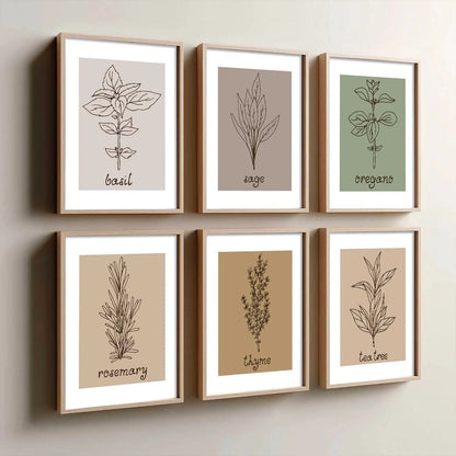 Kitchen Herbs Framed Posters for Restaurant Kitchen Dinning Room Cafe Wall Decor Set of 6