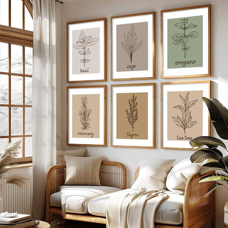 Kitchen Herbs Framed Posters for Restaurant Kitchen Dinning Room Cafe Wall Decor Set of 6