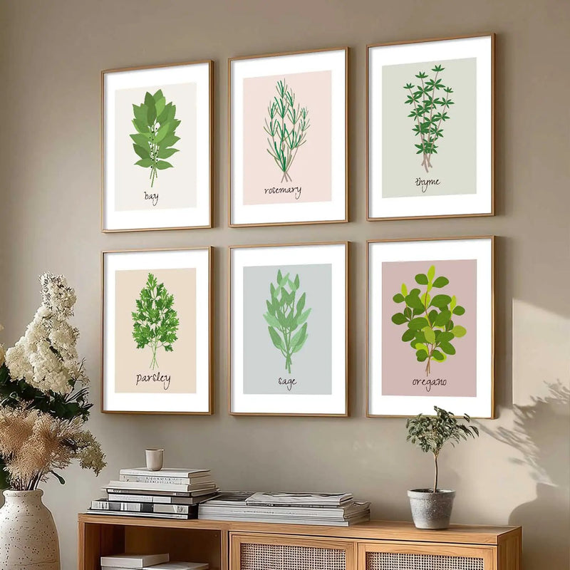 Kitchen Herbs Framed Posters for Restaurant Kitchen Dinning Room Cafe Wall Decor Set of 6