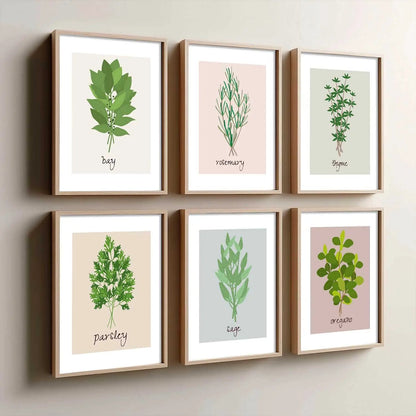 Kitchen Herbs Framed Posters for Restaurant Kitchen Dinning Room Cafe Wall Decor Set of 6