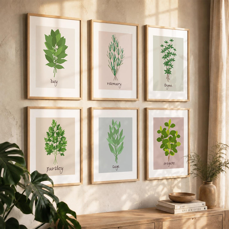 Kitchen Herbs Framed Posters for Restaurant Kitchen Dinning Room Cafe Wall Decor Set of 6