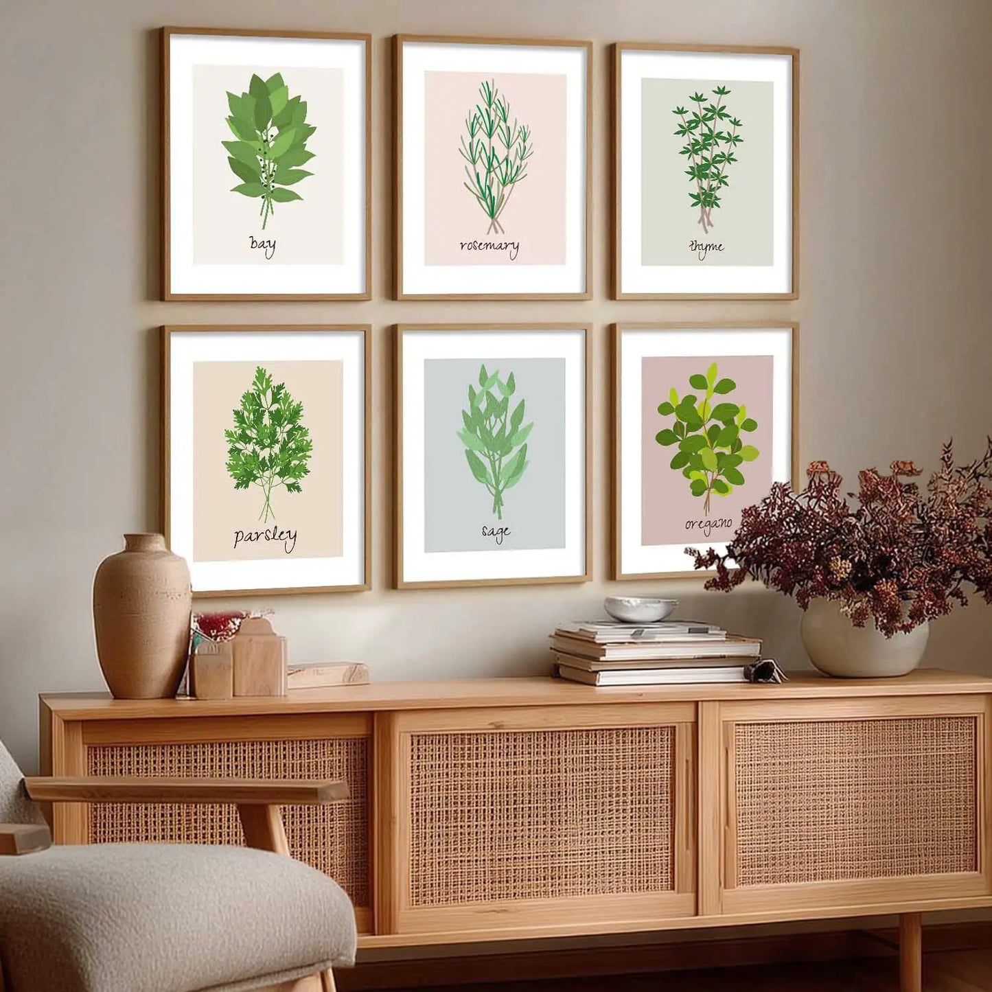 Kitchen Herbs Framed Posters for Restaurant Kitchen Dinning Room Cafe Wall Decor Set of 6