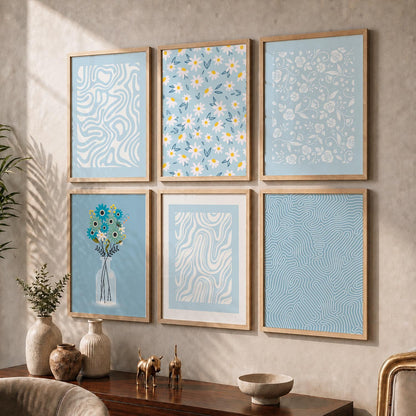 Blue Ivory Floral Wall Art Set of 6 Framed Prints