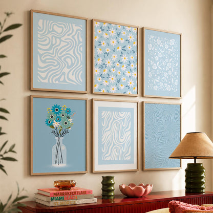 Blue Ivory Floral Wall Art Set of 6 Framed Prints