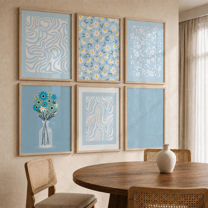 Blue Ivory Floral Wall Art Set of 6 Framed Prints
