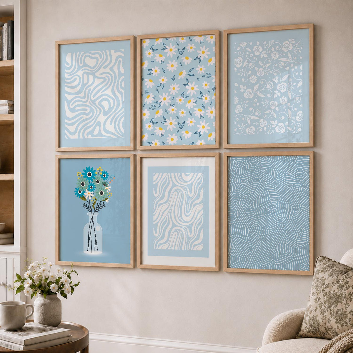 Blue Ivory Floral Wall Art Set of 6 Framed Prints