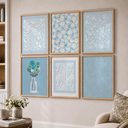 Blue Ivory Floral Wall Art Set of 6 Framed Prints