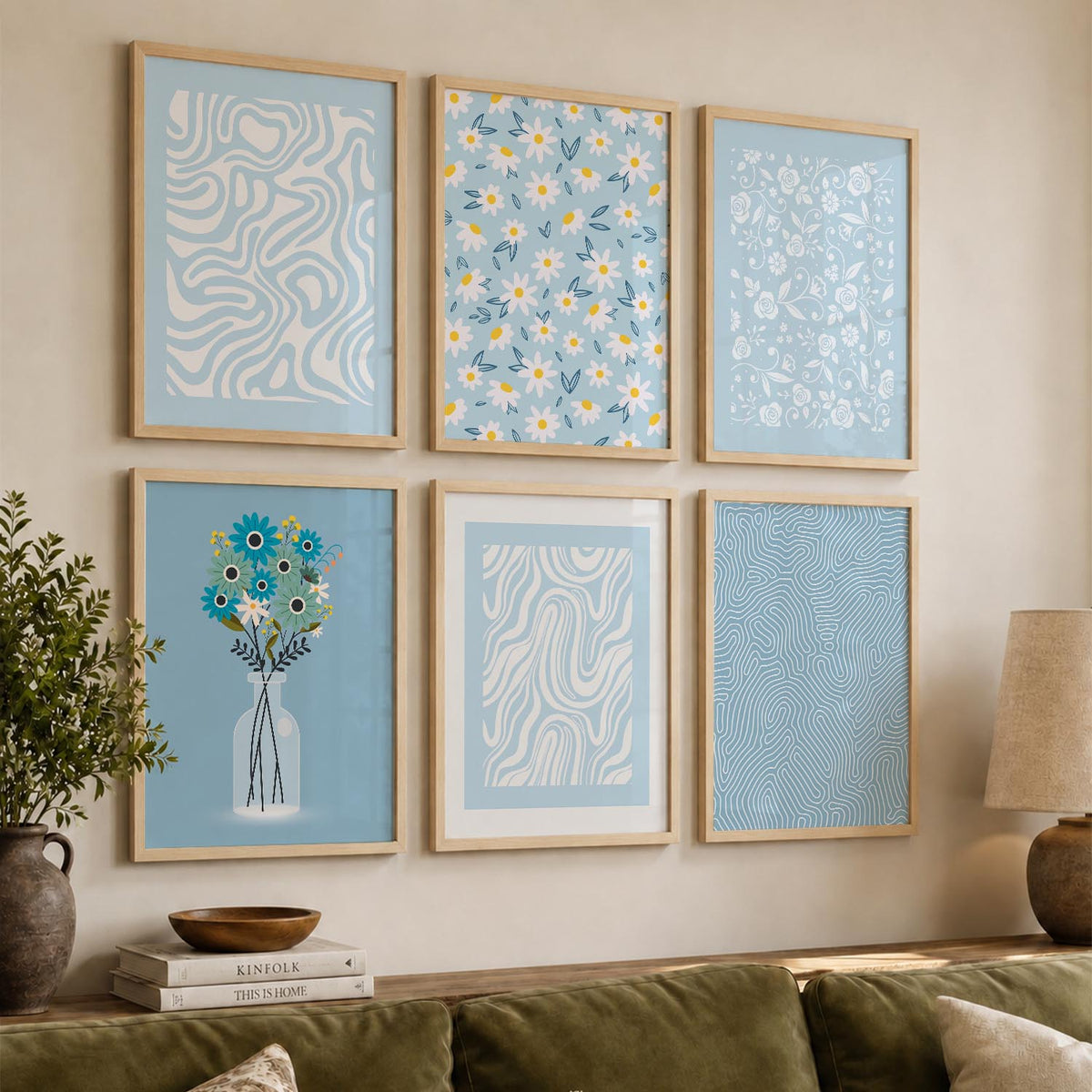 Blue Ivory Floral Wall Art Set of 6 Framed Prints
