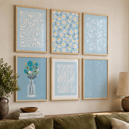 Blue Ivory Floral Wall Art Set of 6 Framed Prints