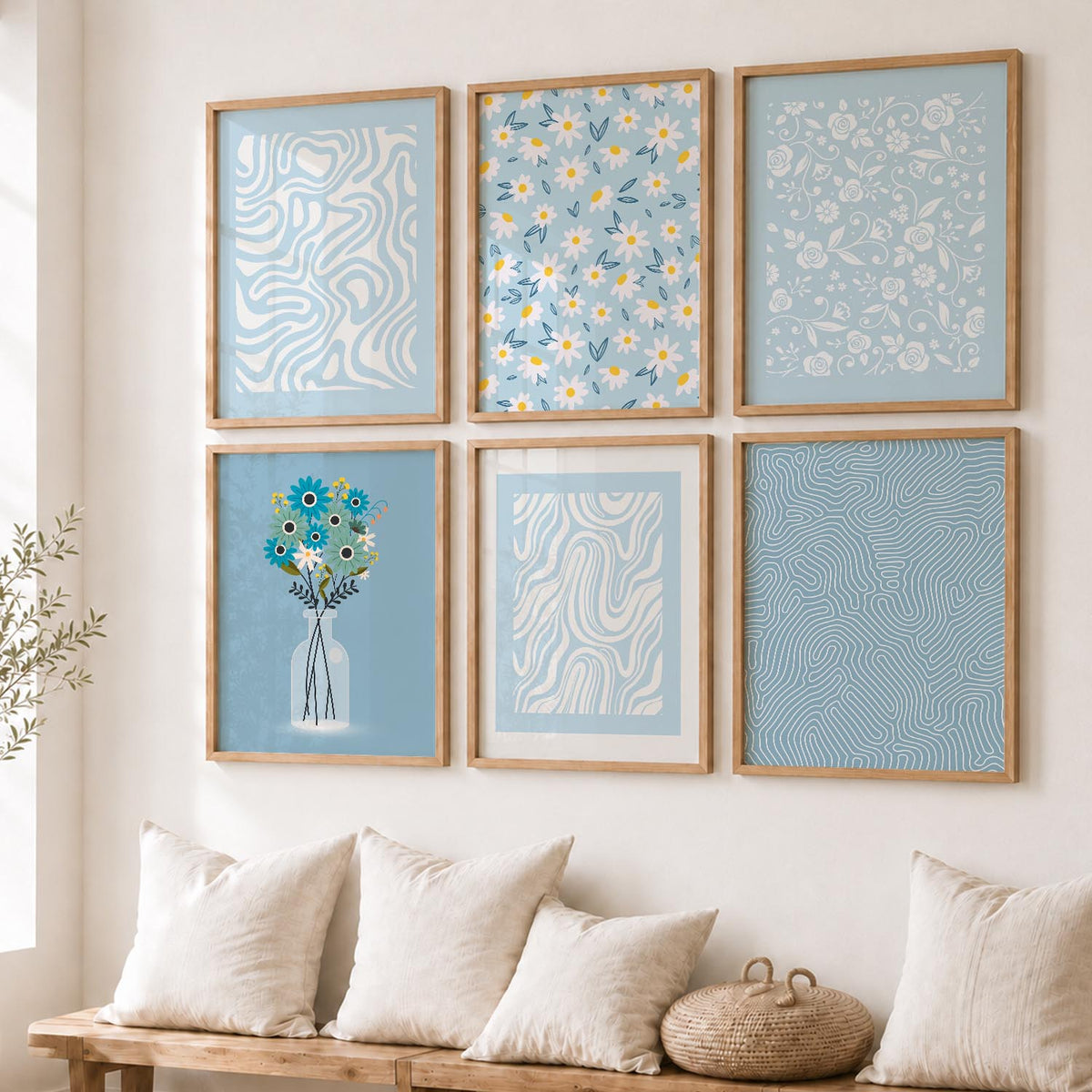 Blue Ivory Floral Wall Art Set of 6 Framed Prints