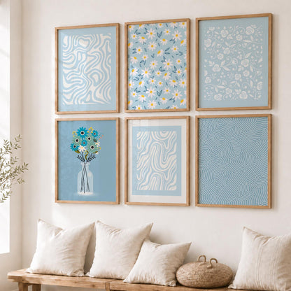 Blue Ivory Floral Wall Art Set of 6 Framed Prints