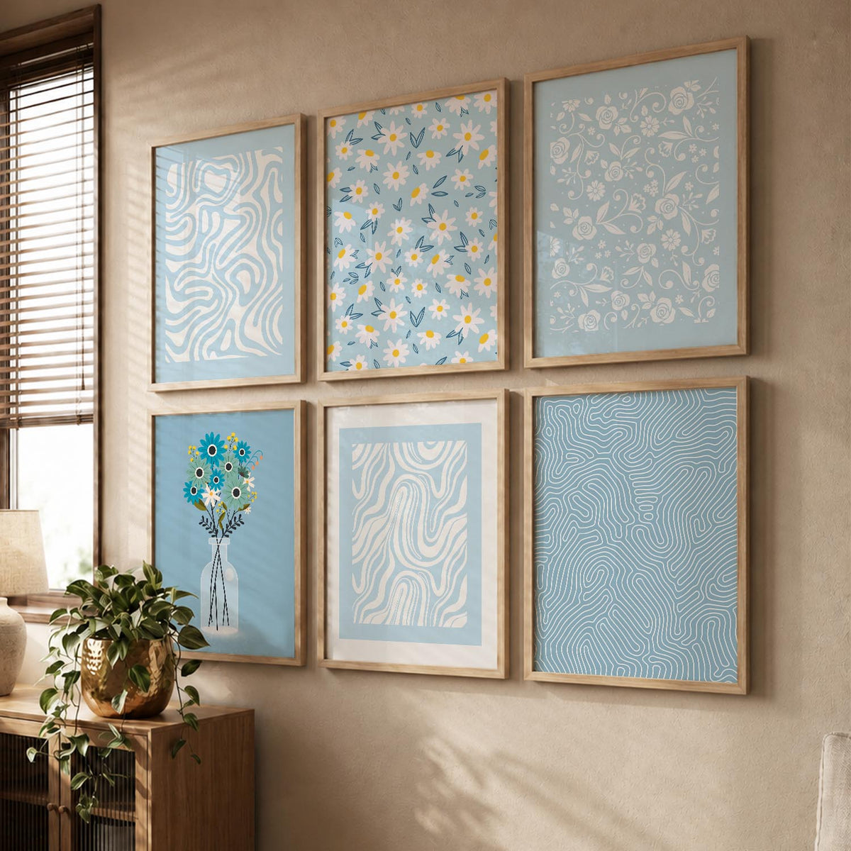 Blue Ivory Floral Wall Art Set of 6 Framed Prints