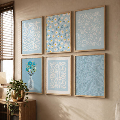 Blue Ivory Floral Wall Art Set of 6 Framed Prints