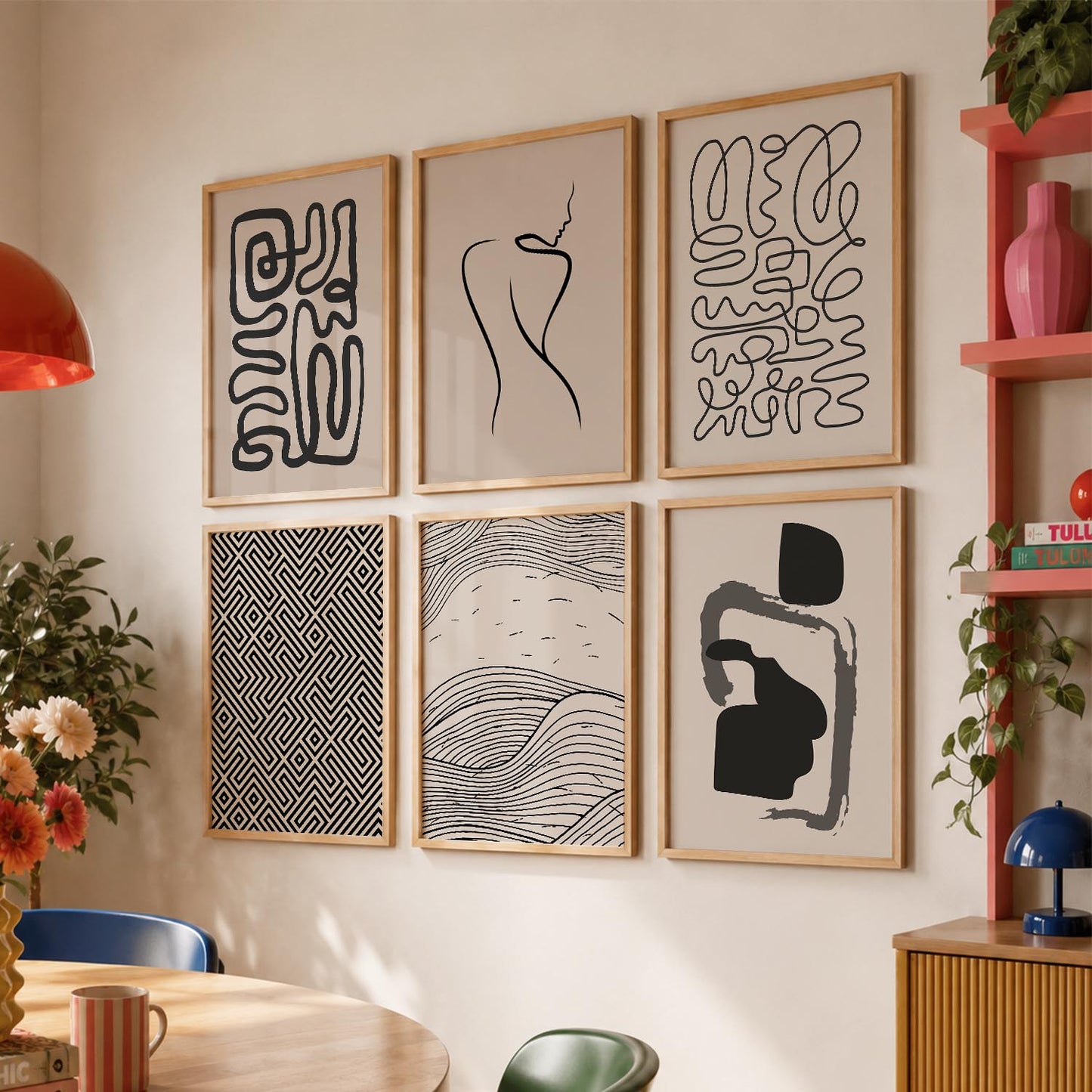 Line Art Boho Wall Art Set of 6 Framed Prints