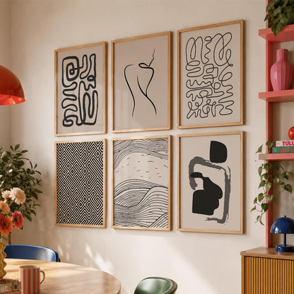 Line Art Boho Wall Art Set of 6 Framed Prints
