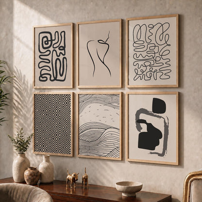 Line Art Boho Wall Art Set of 6 Framed Prints