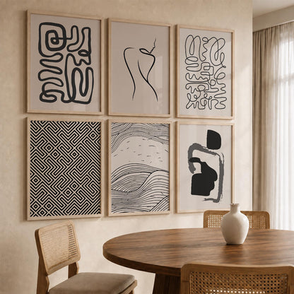 Line Art Boho Wall Art Set of 6 Framed Prints