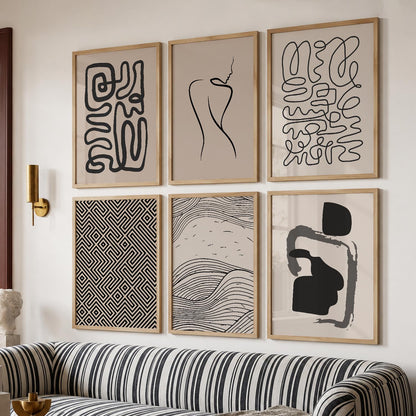 Line Art Boho Wall Art Set of 6 Framed Prints