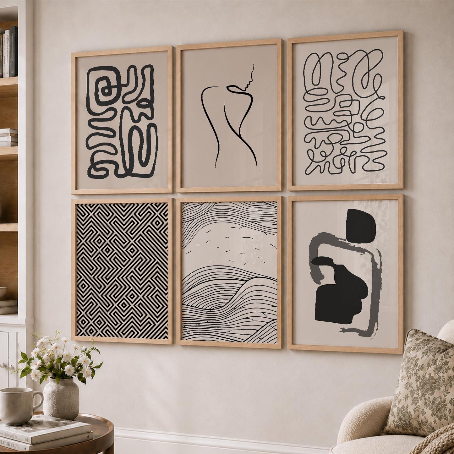 Line Art Boho Wall Art Set of 6 Framed Prints