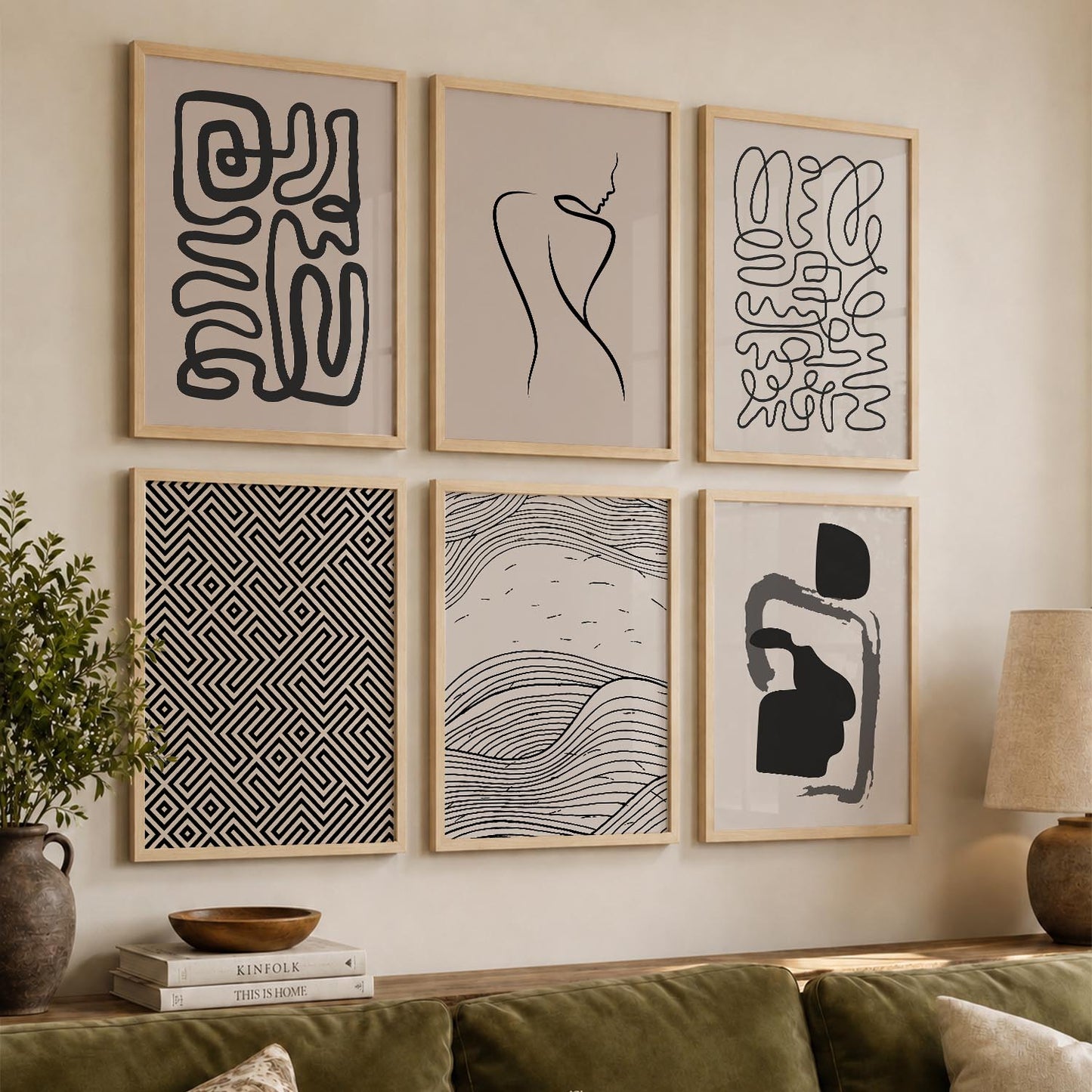 Line Art Boho Wall Art Set of 6 Framed Prints
