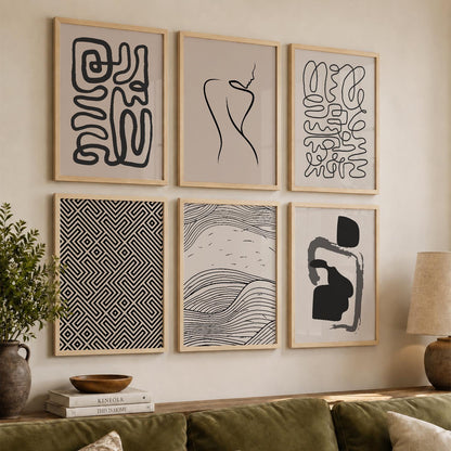 Line Art Boho Wall Art Set of 6 Framed Prints