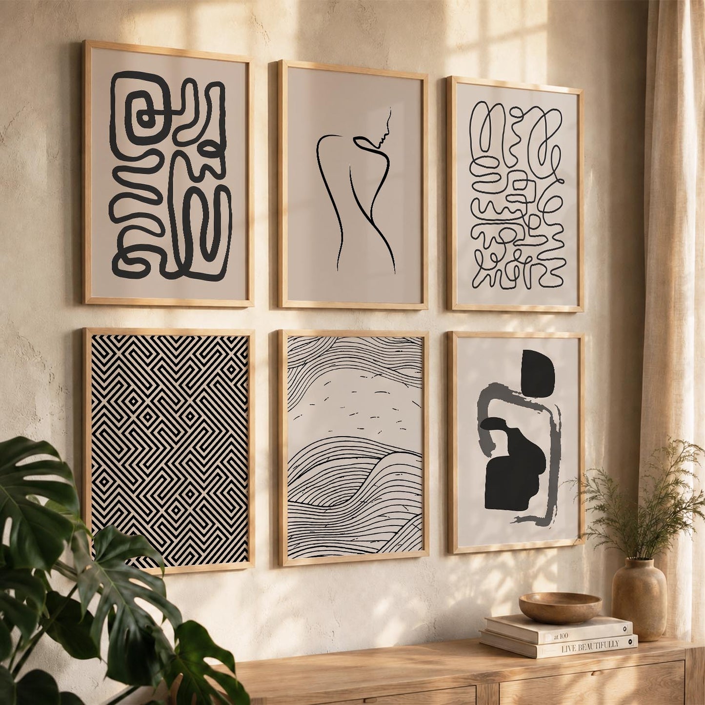 Line Art Boho Wall Art Set of 6 Framed Prints
