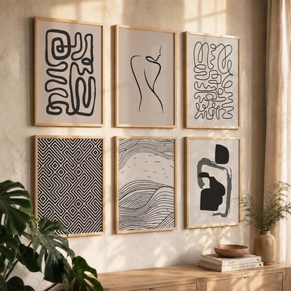 Line Art Boho Wall Art Set of 6 Framed Prints
