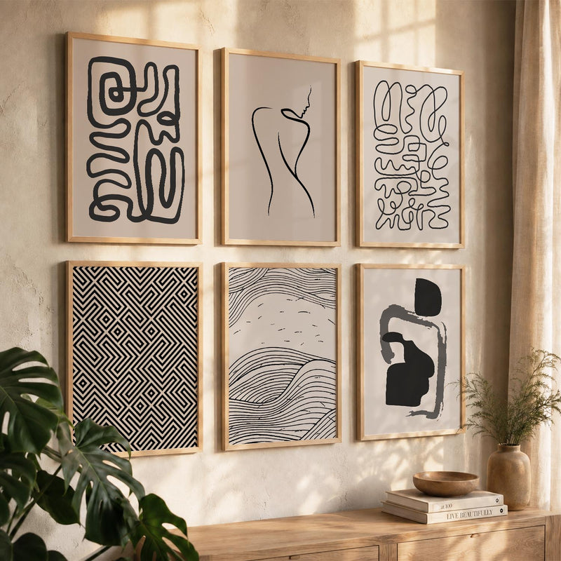 Line Art Boho Wall Art Set of 6 Framed Prints