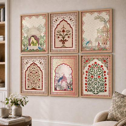 Traditional Indian Pichwai Art Prints with Frame for Home Decor Set of 6