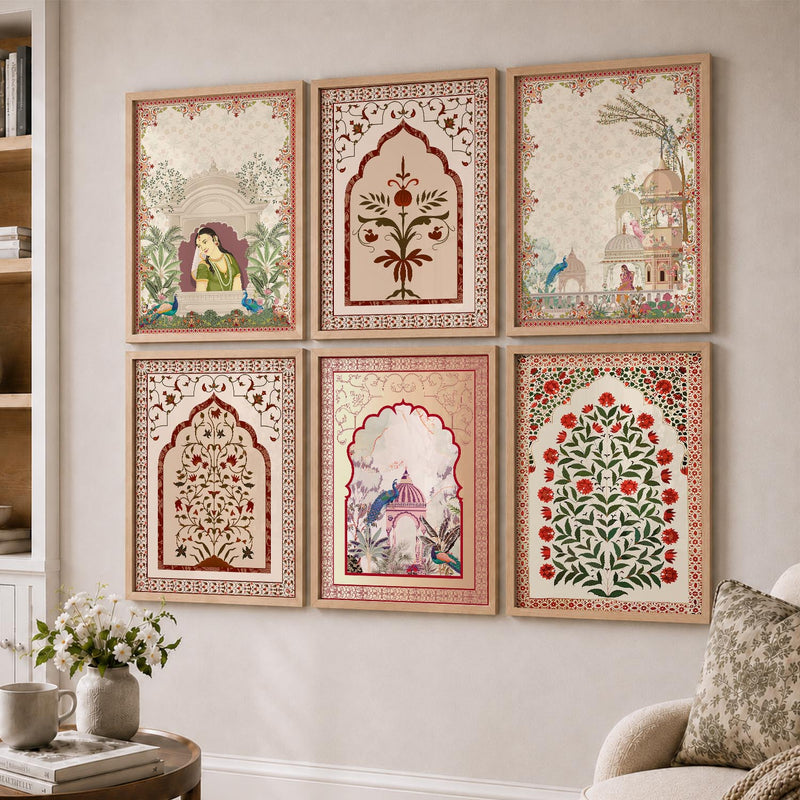 Traditional Indian Pichwai Art Prints with Frame for Home Decor Set of 6