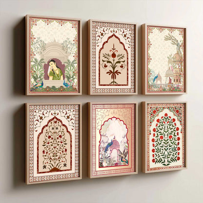 Traditional Indian Pichwai Art Prints with Frame for Home Decor Set of 6