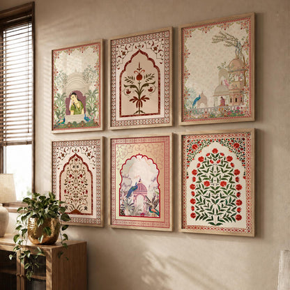 Traditional Indian Pichwai Art Prints with Frame for Home Decor Set of 6