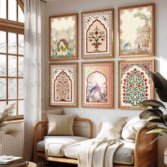 Traditional Indian Pichwai Art Prints with Frame for Home Decor Set of 6