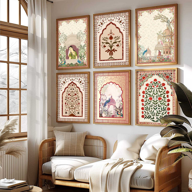 Traditional Indian Pichwai Art Prints with Frame for Home Decor Set of 6