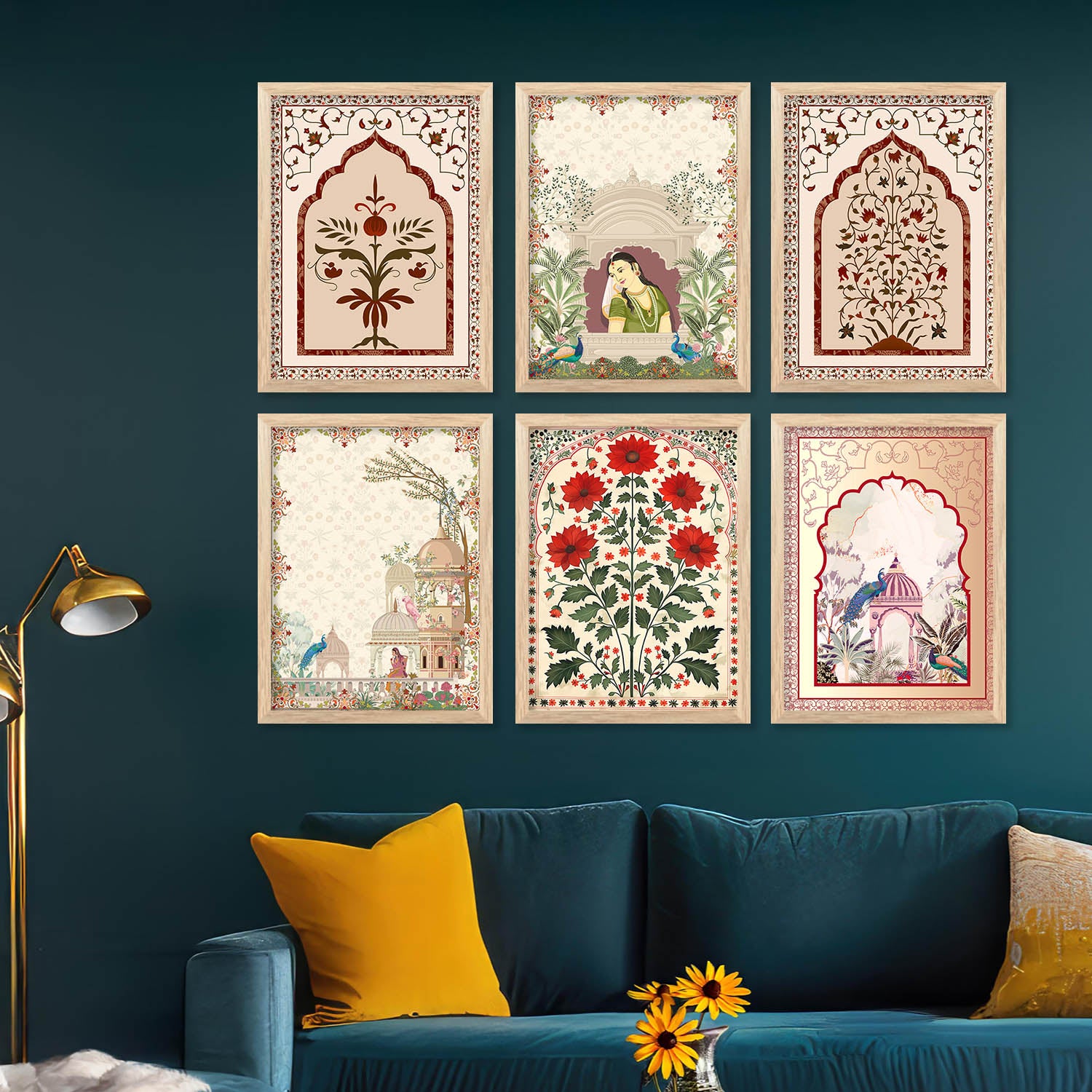 Traditional Indian Pichwai Art Prints with Frame for Home Decor Set of 6