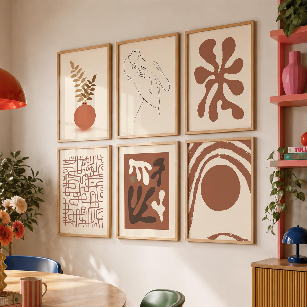 Terracotta Line Art Boho Wall Art Set of 6 Framed Prints