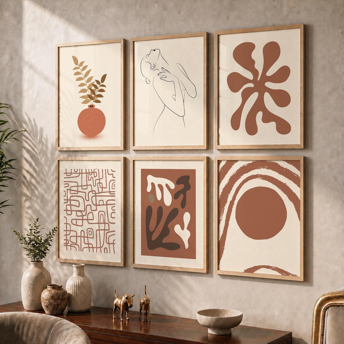 Terracotta Line Art Boho Wall Art Set of 6 Framed Prints