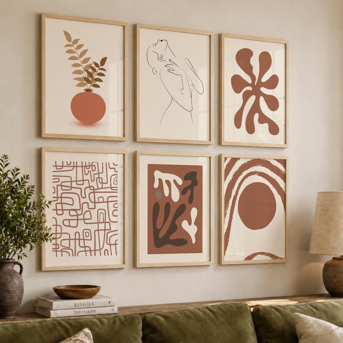 Terracotta Line Art Boho Wall Art Set of 6 Framed Prints
