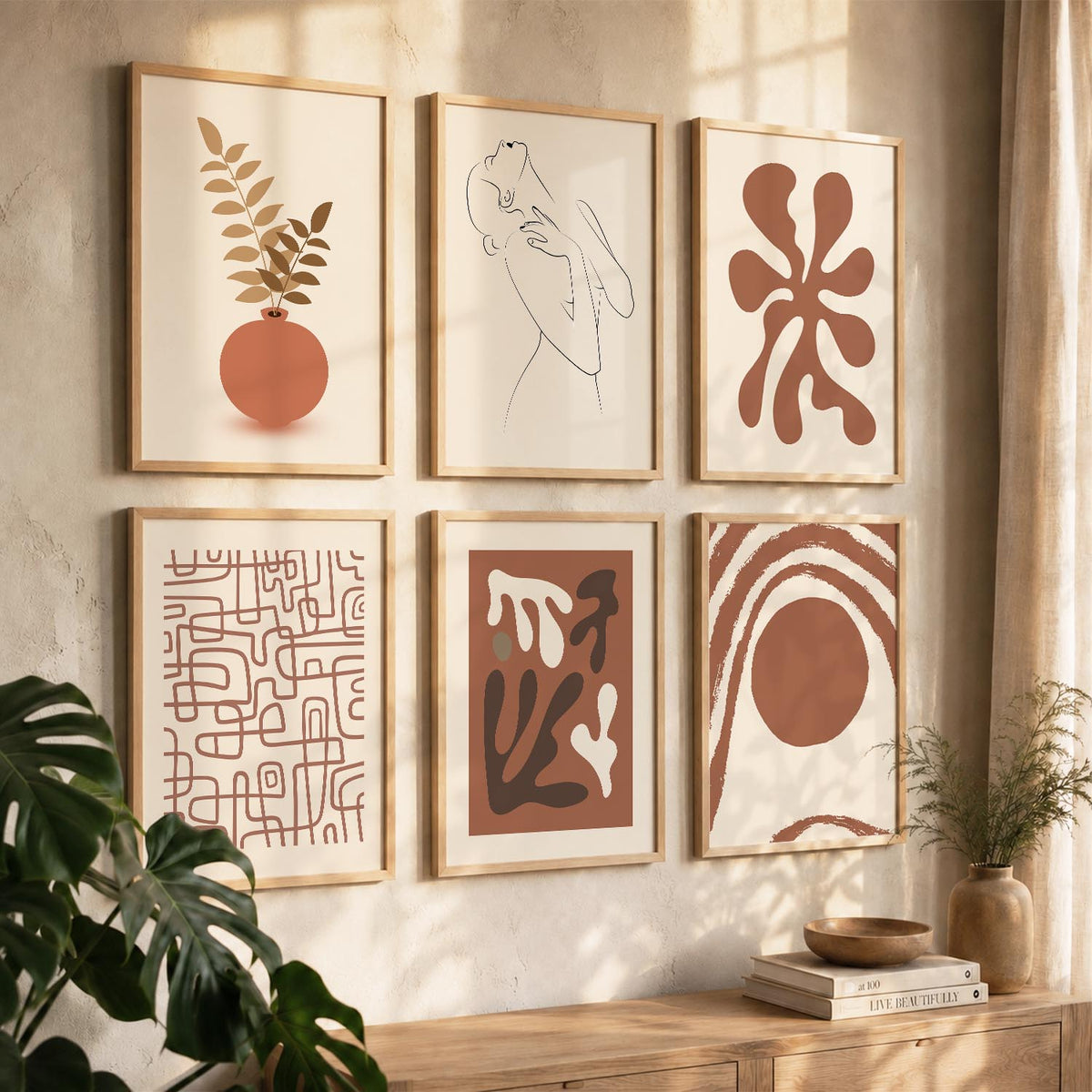 Terracotta Line Art Boho Wall Art Set of 6 Framed Prints