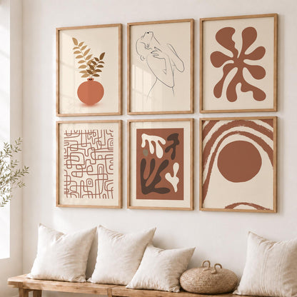 Terracotta Line Art Boho Wall Art Set of 6 Framed Prints