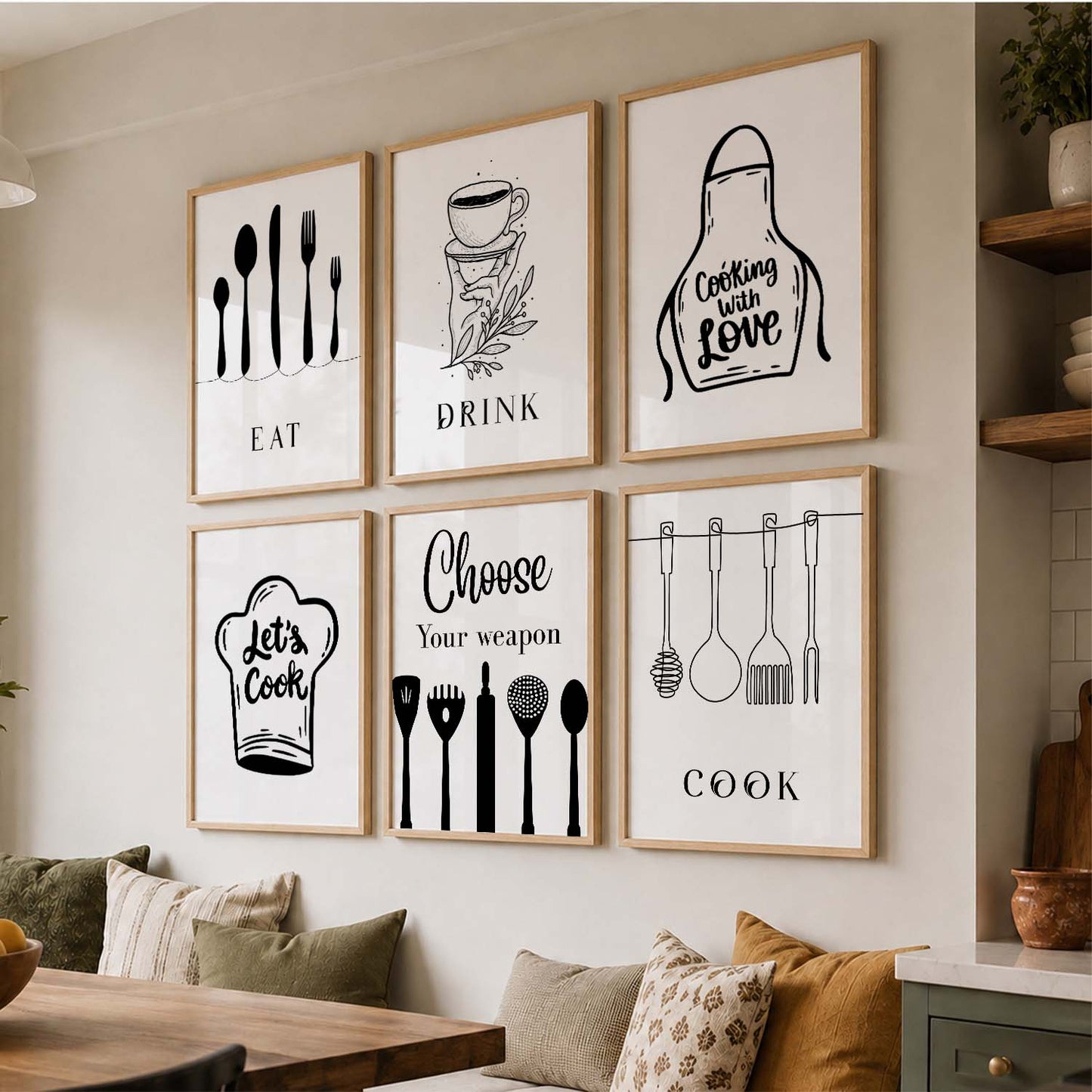 Kitchen Theme Framed Posters for Restaurant Kitchen Dinning Room Cafe Wall Decor Set of 6