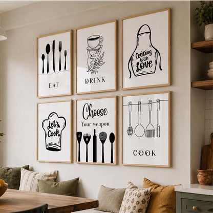 Kitchen Theme Framed Posters for Restaurant Kitchen Dinning Room Cafe Wall Decor Set of 6