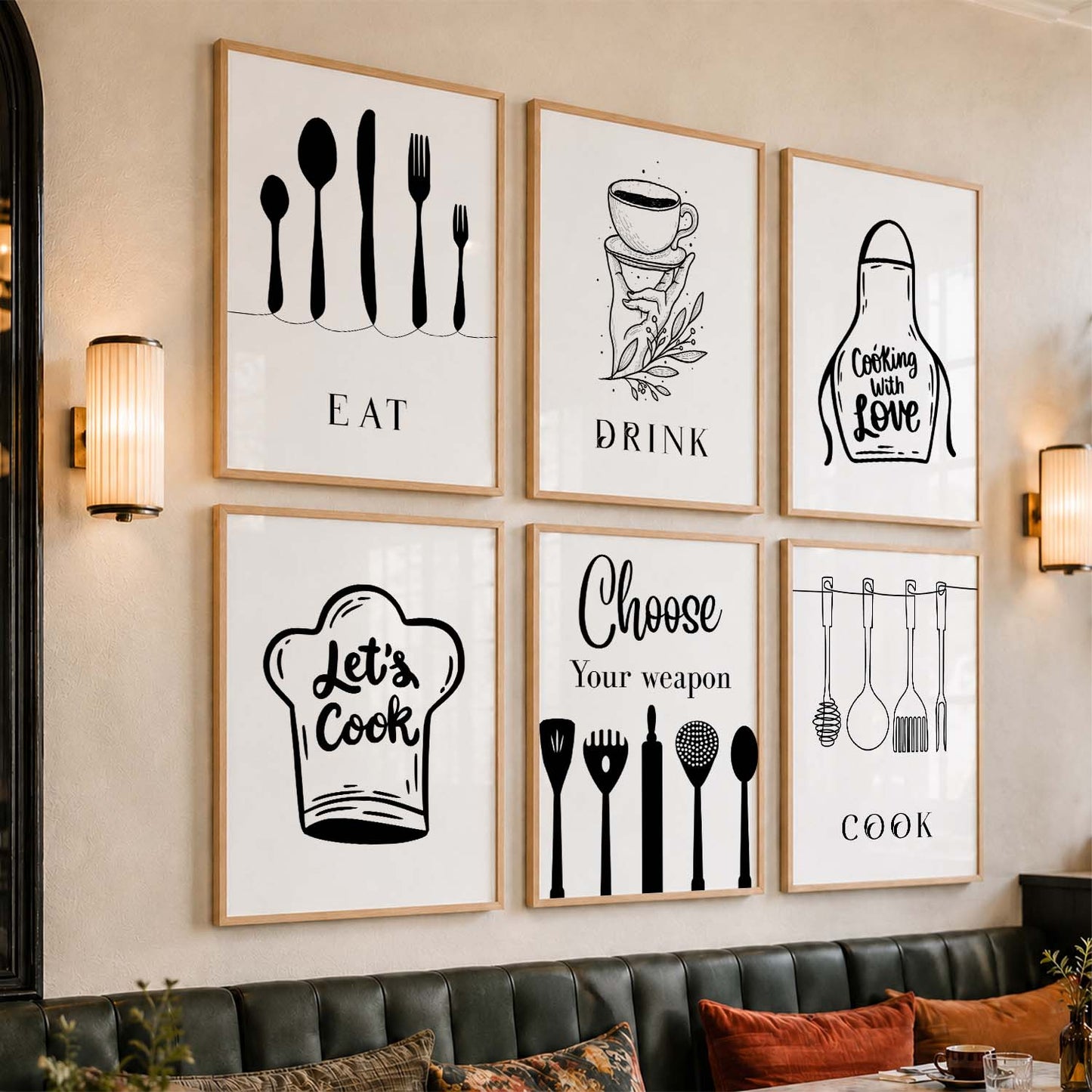 Kitchen Theme Framed Posters for Restaurant Kitchen Dinning Room Cafe Wall Decor Set of 6