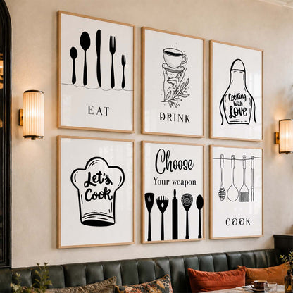 Kitchen Theme Framed Posters for Restaurant Kitchen Dinning Room Cafe Wall Decor Set of 6