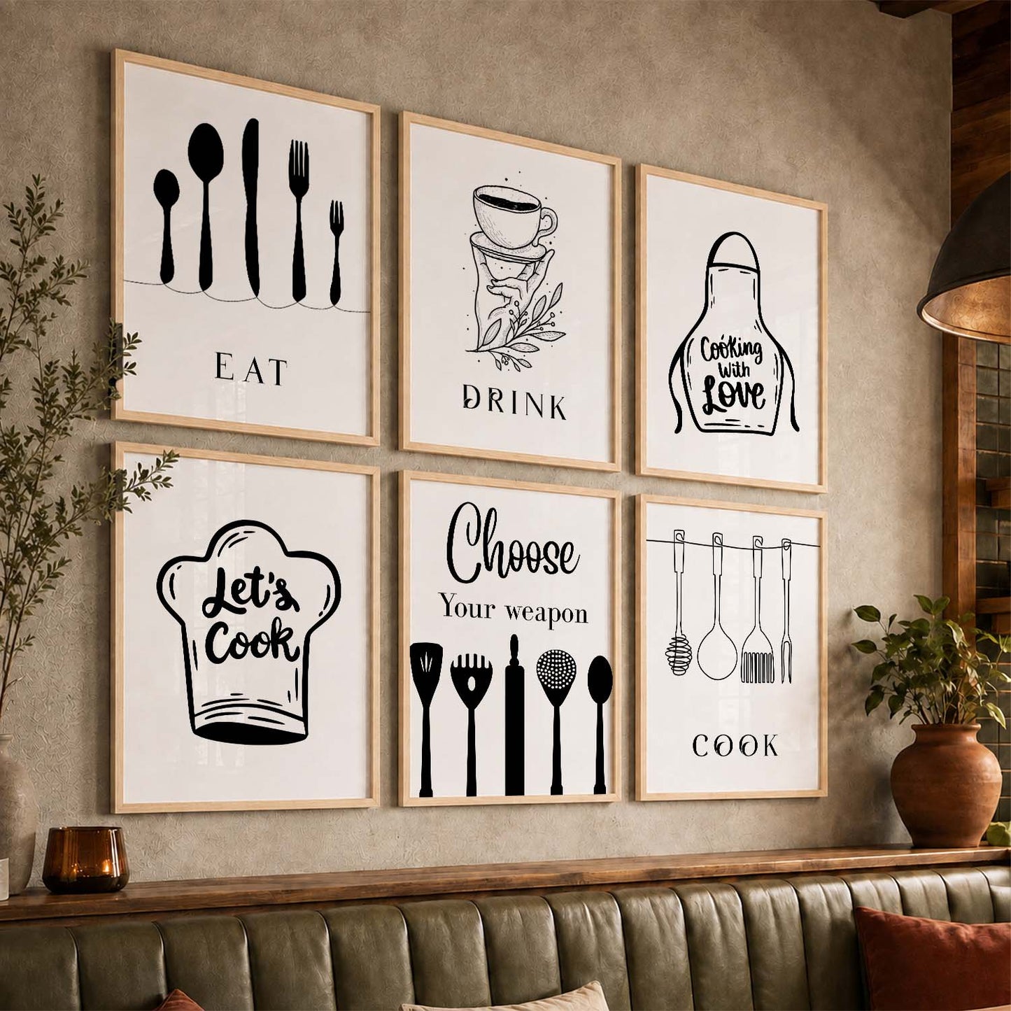 Kitchen Theme Framed Posters for Restaurant Kitchen Dinning Room Cafe Wall Decor Set of 6