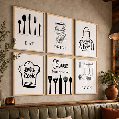 Kitchen Theme Framed Posters for Restaurant Kitchen Dinning Room Cafe Wall Decor Set of 6