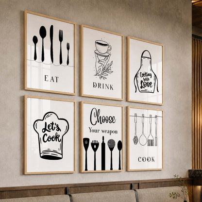 Kitchen Theme Framed Posters for Restaurant Kitchen Dinning Room Cafe Wall Decor Set of 6